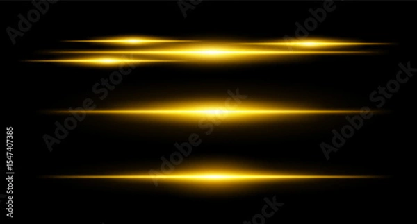 Fototapeta Horizontal yellow flare beams in stacked layout on dark background with smooth gradients and glow effect. Sci-fi or HUD visual element.