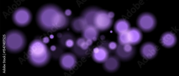 Obraz Purple blurred bokeh particles with varying size and opacity on black background. Abstract design element for festive or sci-fi scenes.