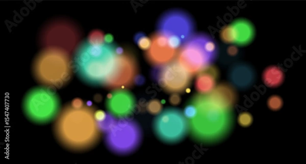 Fototapeta Multicolor blurred circles on dark backdrop. Bright glowing particles form warm atmospheric visual effect.