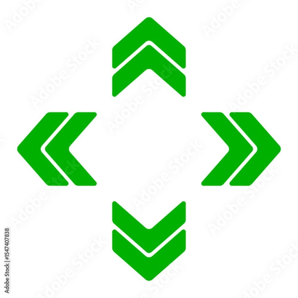 Fototapeta Arrow cluster icon. Green outlined chevrons pointing up, down, left, right. Indicates navigation, orientation, digital movement, or data flow.