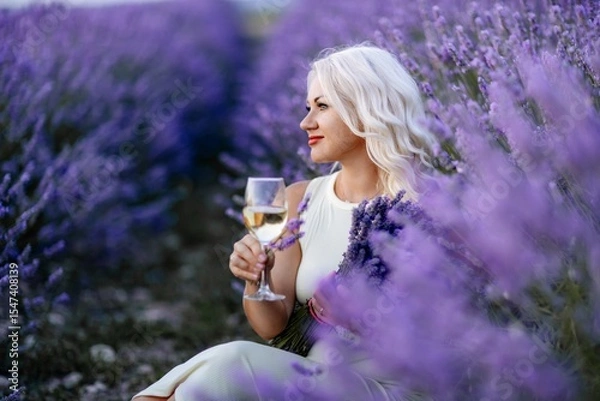 Obraz Blonde lavender field holds a glass of white wine in her hands. Happy woman in white dress enjoys lavender field picnic holding a large bouquet of lavender in her hands . Illustrating woman's picnic