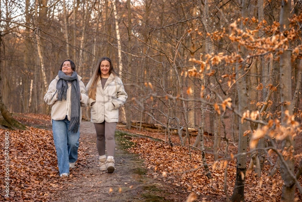 Obraz Two women walking in the forest. Forest. Nature. Outdoor recreation.
