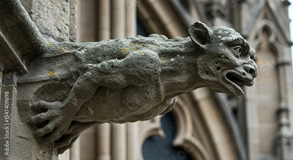 Fototapeta Weathered Stone Gargoyle Perched on Gothic Cathedral Facade