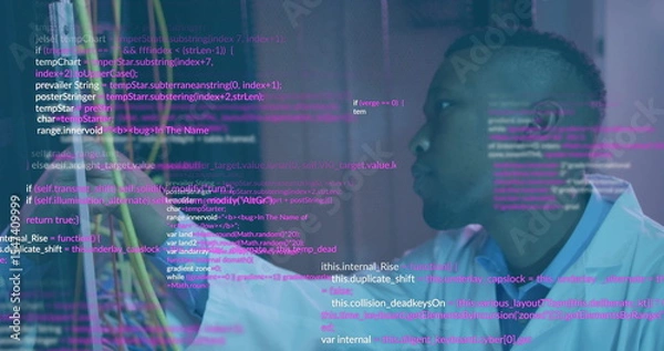 Obraz Inspecting scientist in lab coat examining wires on lab bench with code overlay, copy space