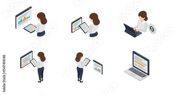 Fototapeta Businesswoman Working on Laptop Tablet Data Analysis Graphs Charts