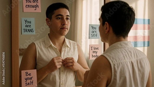 Fototapeta Young transgender person is buttoning their shirt while looking in the mirror, surrounded by positive affirmations and the transgender flag, embracing self-love and acceptance