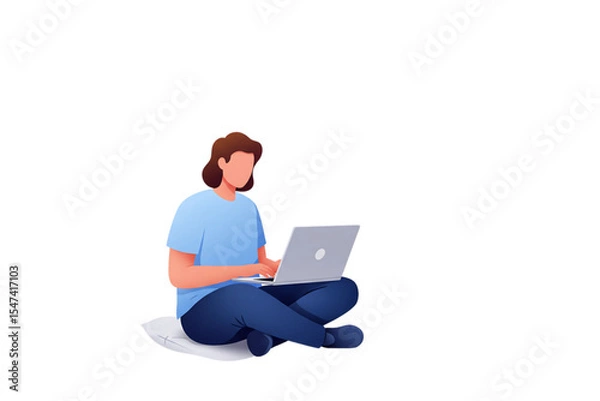 Fototapeta Boy Sitting Cross-Legged Using Laptop, Flat Vector Illustration on Transparent Background for Freelance, Education, or Remote Work Concepts
