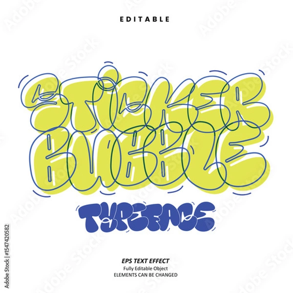 Fototapeta Editable Text Effect Vector of Green Neon blue outline funny groovy bubble grafitti sticker path Logo for craft, printing, small business, creative industry, card, apparel