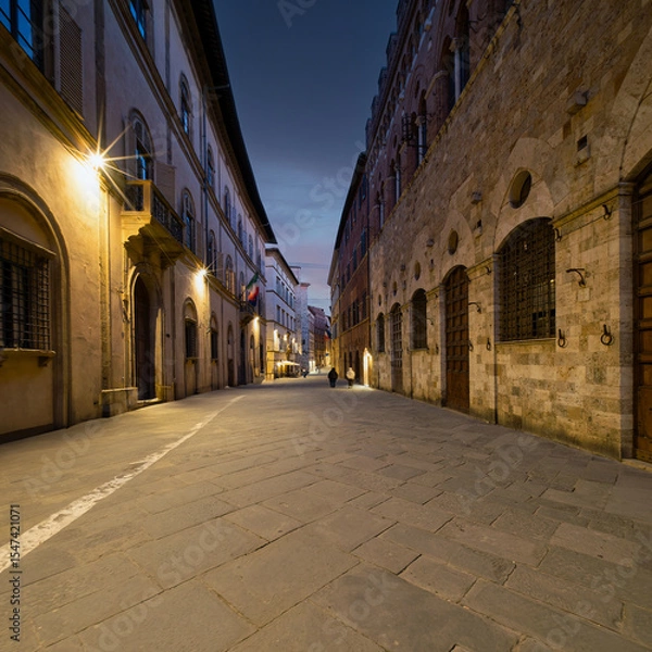 Obraz Twilight casts a soft glow over the narrow alleys of Siena,  where historic buildings and elegant facades create an emotive and timeless urban scene. Travel to Tuscany, Italy.