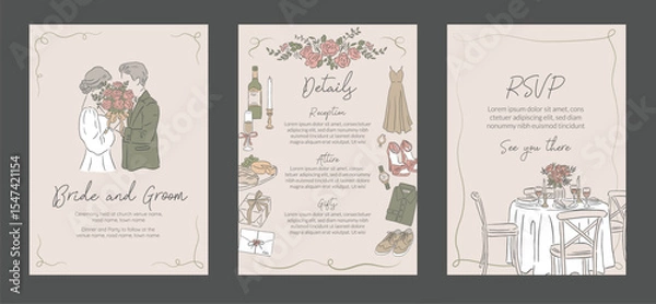 Obraz Collection of Romantic Wedding Occasion Invitation template Hand drawn style illustration design of Bride and Groom with Table setting and details