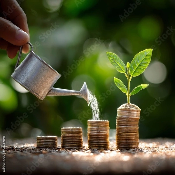Fototapeta Growing Investment:  A Miniature Watering Can Gently Nurturing a Sapling Emerging from a Stack of Coins, Symbolizing Financial Growth and Prosperity Amidst a Lush Green Background