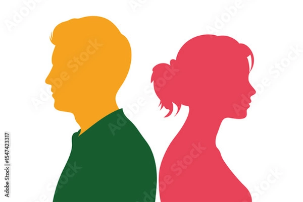 Fototapeta Colorful Silhouettes of Man and Woman BacktoBack on White Background Symbolizing Relationship Issues