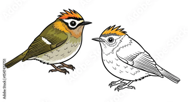 Obraz Firecrest Bird Coloring Page with Colored and Outline Versions Tiny Forest Birds Art