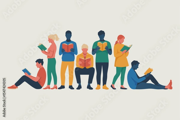 Fototapeta Diverse People Reading Books in a Row, Modern Illustration Style on Light Background