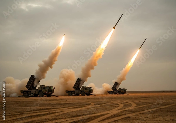Fototapeta multiple missile launcher systems firing rockets in desert landscape
