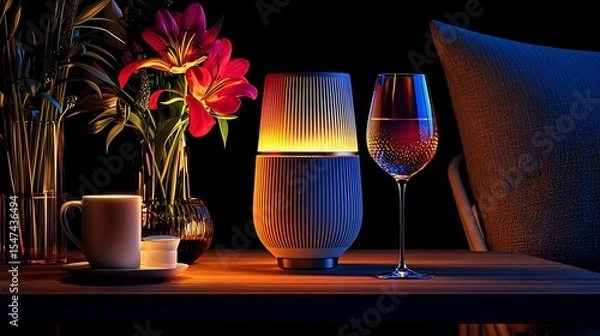 Obraz Illuminated speaker wine glass flowers and mug on a wooden table at night