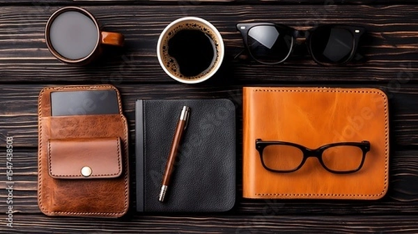 Obraz Flat lay of coffee cups leather notebooks glasses and pen on a dark wooden surface