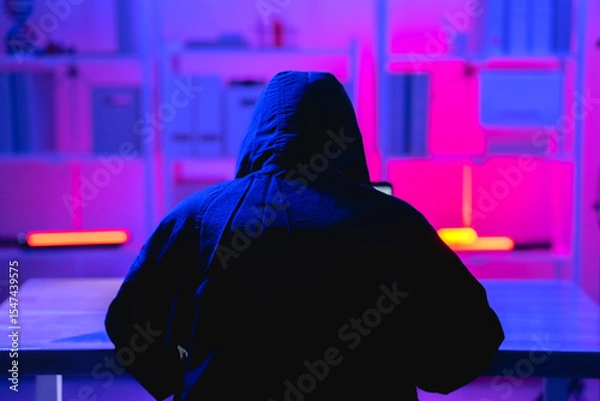 Obraz Mysterious Figure in Hoodie Engaged in Cybersecurity Activities