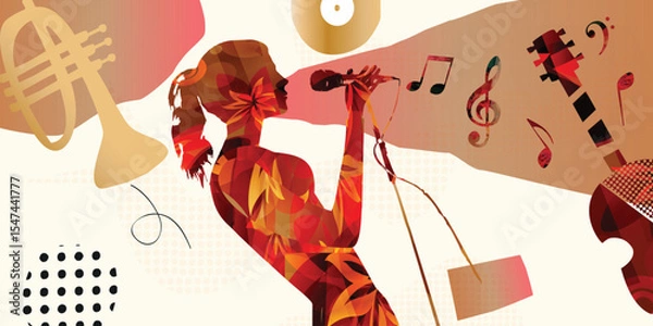 Obraz Colorful Jazz Singer and Musical Instruments Abstract Vector Illustration