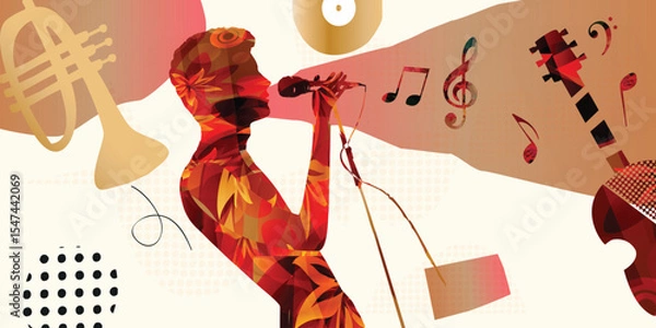 Obraz Colorful Jazz Singer and Musical Instruments Abstract Vector Illustration