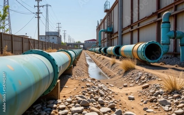 Fototapeta Climate adaptation concept. Industrial pipes lined in a dry, rocky environment under clear skies.