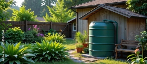 Fototapeta Climate adaptation concept. Garden with rain barrel beside a wooden shed in a lush outdoor setting.