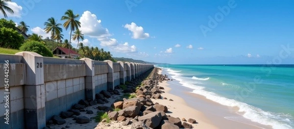 Fototapeta Climate adaptation concept. Coastal view with waves, rocks, and palm trees under a blue sky.