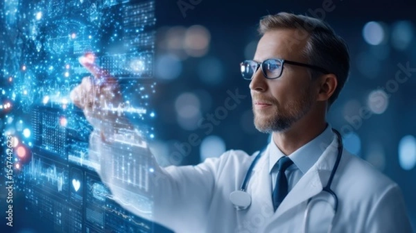 Fototapeta A male doctor in glasses interacts with a futuristic digital interface displaying medical data and analytics in a high-tech healthcare environment.