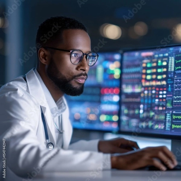 Fototapeta A focused male doctor wearing glasses and a stethoscope analyzes complex medical data on multiple computer screens in a dimly lit room.