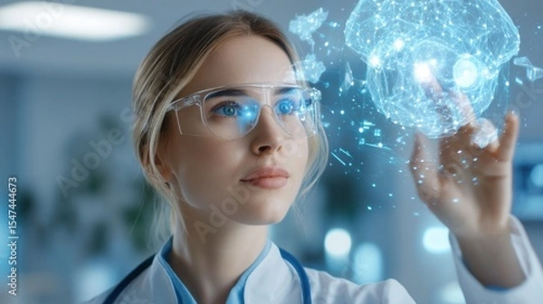Fototapeta A female scientist wearing protective glasses interacts with a futuristic digital brain hologram in a high-tech laboratory setting.