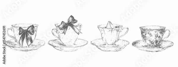 Fototapeta Set of elegant vintage tea cups with delicate bows in retro stipple sketch style. Noisy gritty dot halftone texture, hand drawn tea time illustrations.