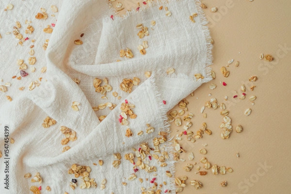 Obraz Granola scattered on white textile