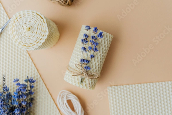 Obraz Beeswax candle making set with lavender and tools on beige background