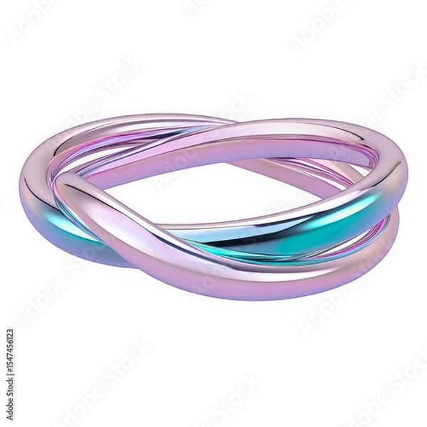 Fototapeta Glossy 3D ring with holographic Y2K chrome finish. Molten texture, pastel rainbow hues, shiny metal surface, surreal and soft edged visual.