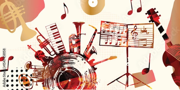 Obraz Music background with colorful music instruments and vinyl record disc vector illustration