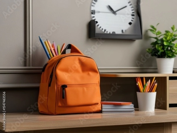 Fototapeta Organized desk with orange backpack, multicolored pencils, notebooks