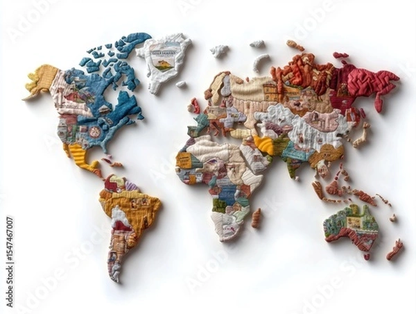Fototapeta Artistic world map textile texture on white background