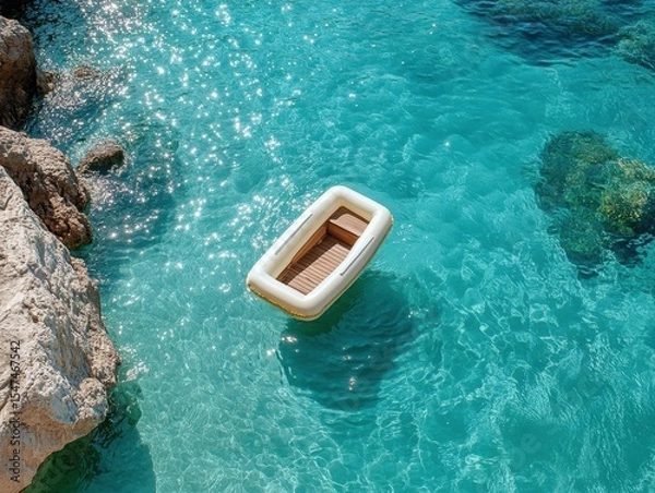 Fototapeta Inflatable boat floating peacefully in the ocean during daytime