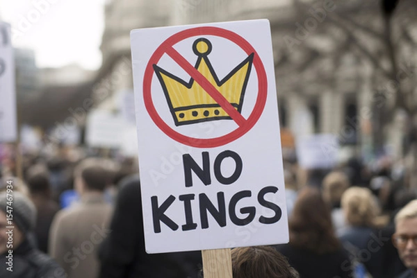 Obraz Close-up of protest sign with text "No kings" and crossed-out crown.  Demonstration in progress