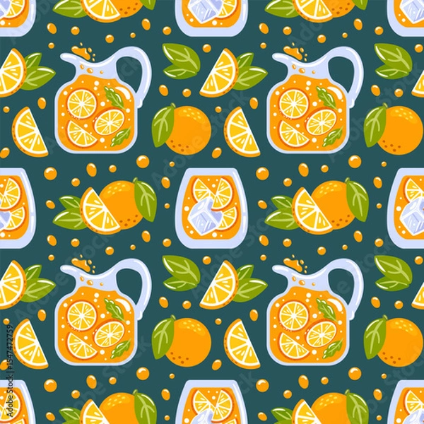 Obraz Seamless pattern showcasing vibrant orange lemonade with orange slices in a pitcher and glass. Perfect for cocktails and smoothies, this design captures a refreshing, nostalgic summer vibe.