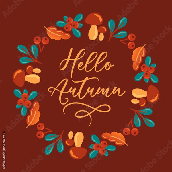 Obraz vector illustration features a round wreath composed of mushrooms, leaves, and berries, perfectly capturing the essence of autumn. Ideal for seasonal decorations and designs, it adds a natural touch