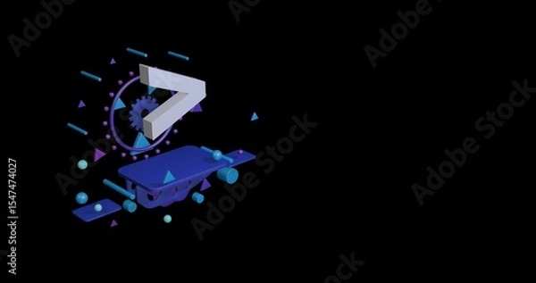 Fototapeta White greater symbol on a pedestal of abstract geometric shapes floating in the air. Abstract concept art with flying shapes on the left. 3d illustration on black background