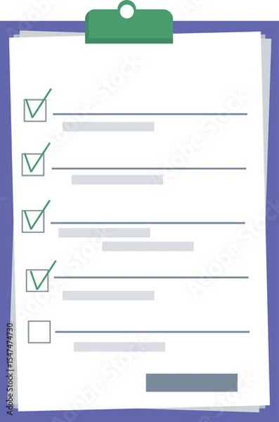 Fototapeta Vector illustration of a tablet with a checklist on a purple background. Four tasks are checked, one remains. Represents productivity, goal setting, planning, and organization