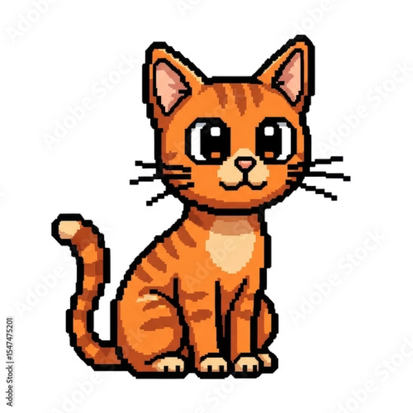 Fototapeta Adorable pixel art orange tabby cat with large eyes and striped tail transparent PNG