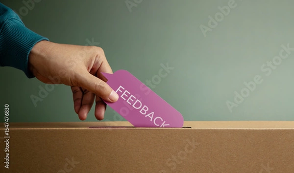 Obraz Hand putting feedback card in box symbolizing customer review, survey response, and constructive evaluation