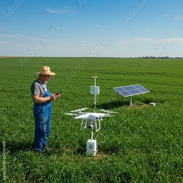 Obraz A farmer uses a drone to inspect healthy green crops under a blue sky, representing smart agriculture and eco-friendly farming practices.