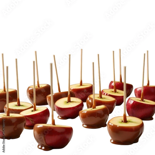 Fototapeta A delectable display of caramel apples with wooden sticks against a dark background arrangement view