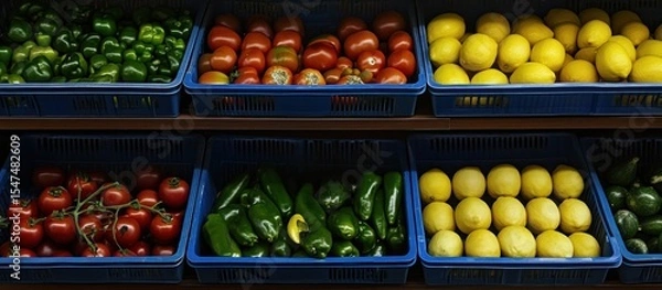 Fototapeta A colorful display of fresh vegetables and fruits in blue containers on wooden shelves showcasing produce variety