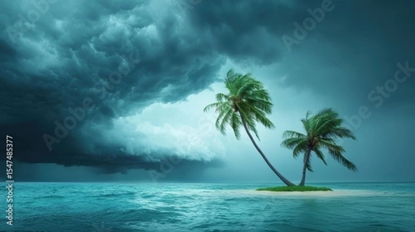 Fototapeta Summer storm brewing over a tropical island, with palm trees swaying against strong gusts of wind.