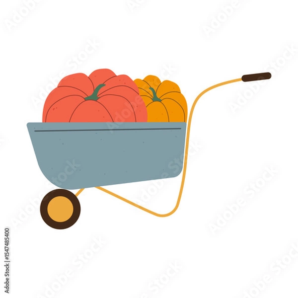 Fototapeta Isolated flat vector illustration of garden barrow with two pumpkins on white background. Cottagecore lifestyle. Texture effect